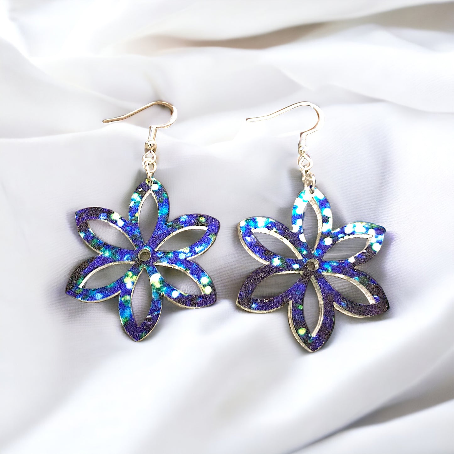 Blue Glitter Confetti Flower Shaped Dangling Earrings