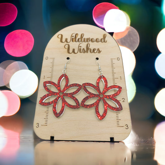 Red Glitter Flower, Dangling Earrings