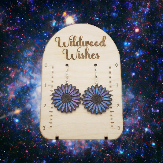 Galaxy Flower Earrings, Wooden Dangling Earrings