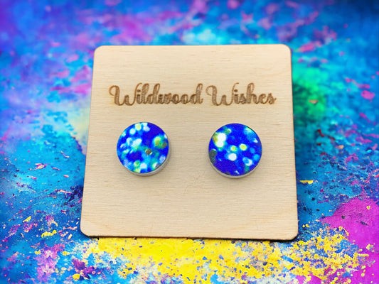 Blue Glitter Swirl - Faux Gauges/Plugs, Geometric Earring Studs