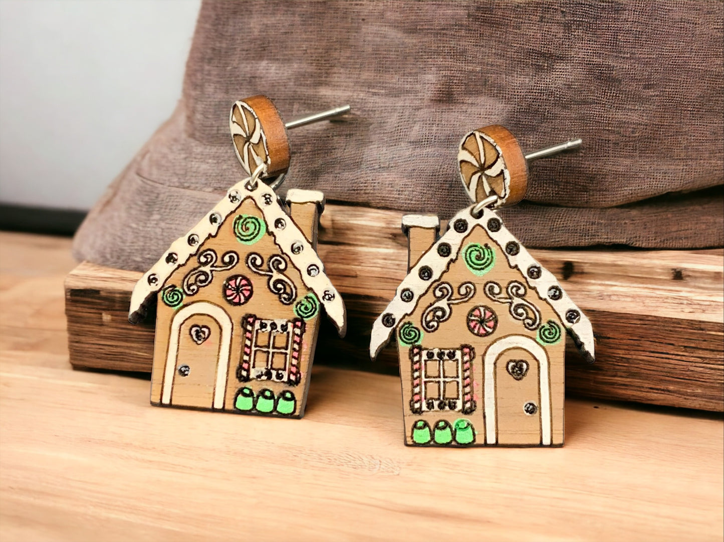 Gingerbread House Dangling Earrings, Walnut