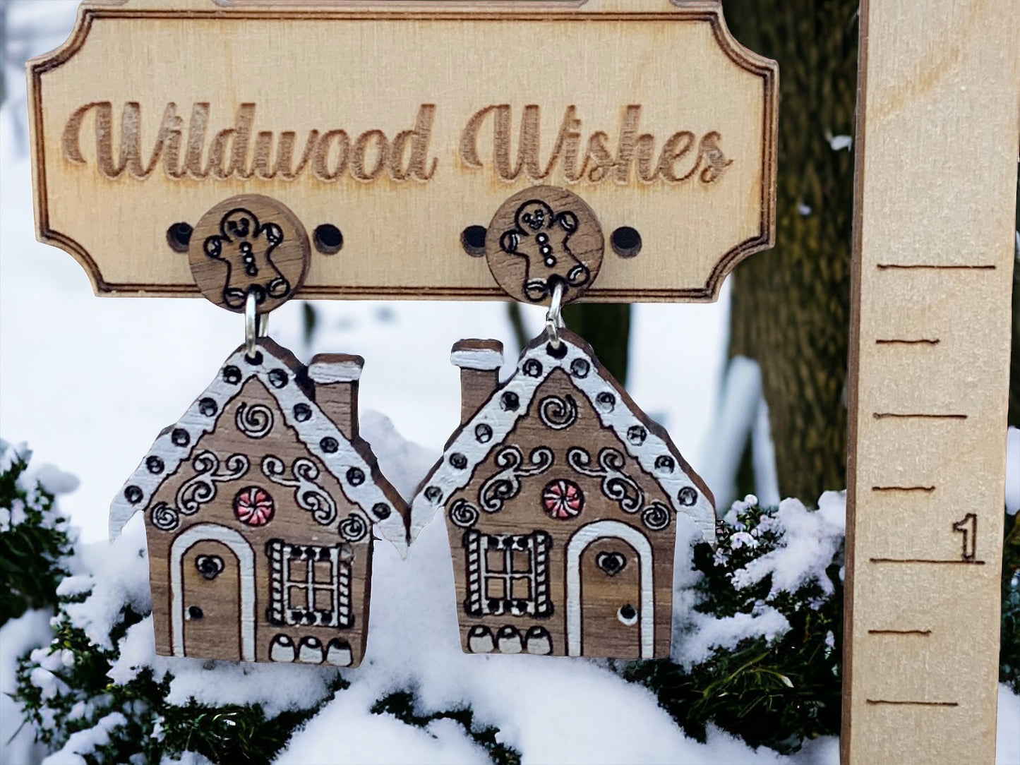 Gingerbread House Dangling Earrings, Walnut