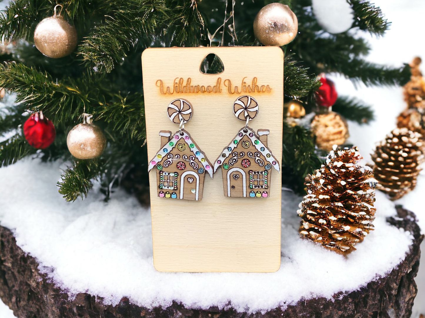 Gingerbread House Dangling Earrings, Walnut